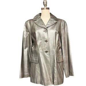 Siena Studio Metallic Gray Leather Jacket Blazer Vintage Large, 90s Leather